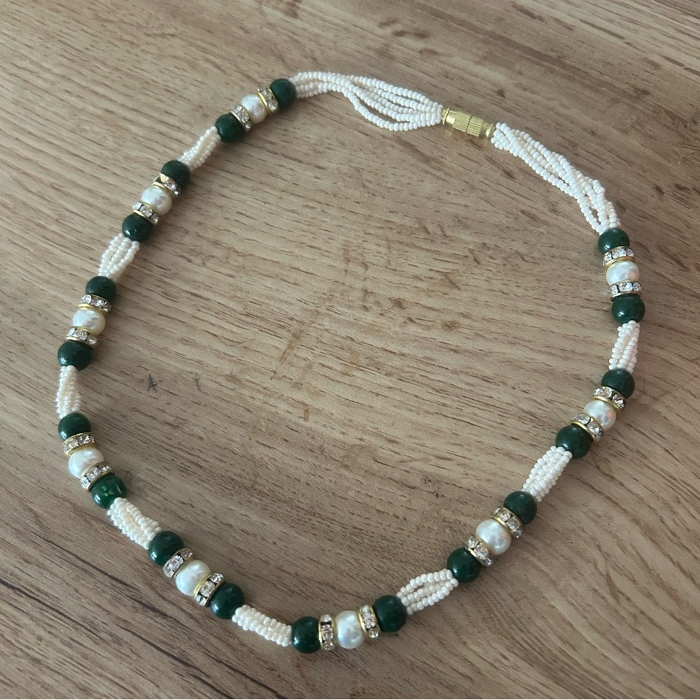 Handcrafted White and Green Bead Necklace with Gold Accents